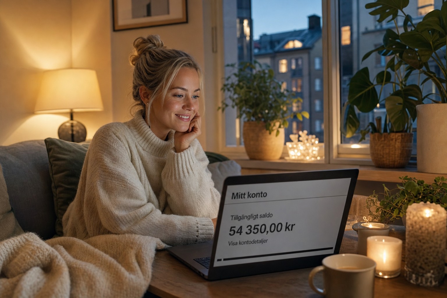 Kvinna som kollar sitt banksaldo på laptop
