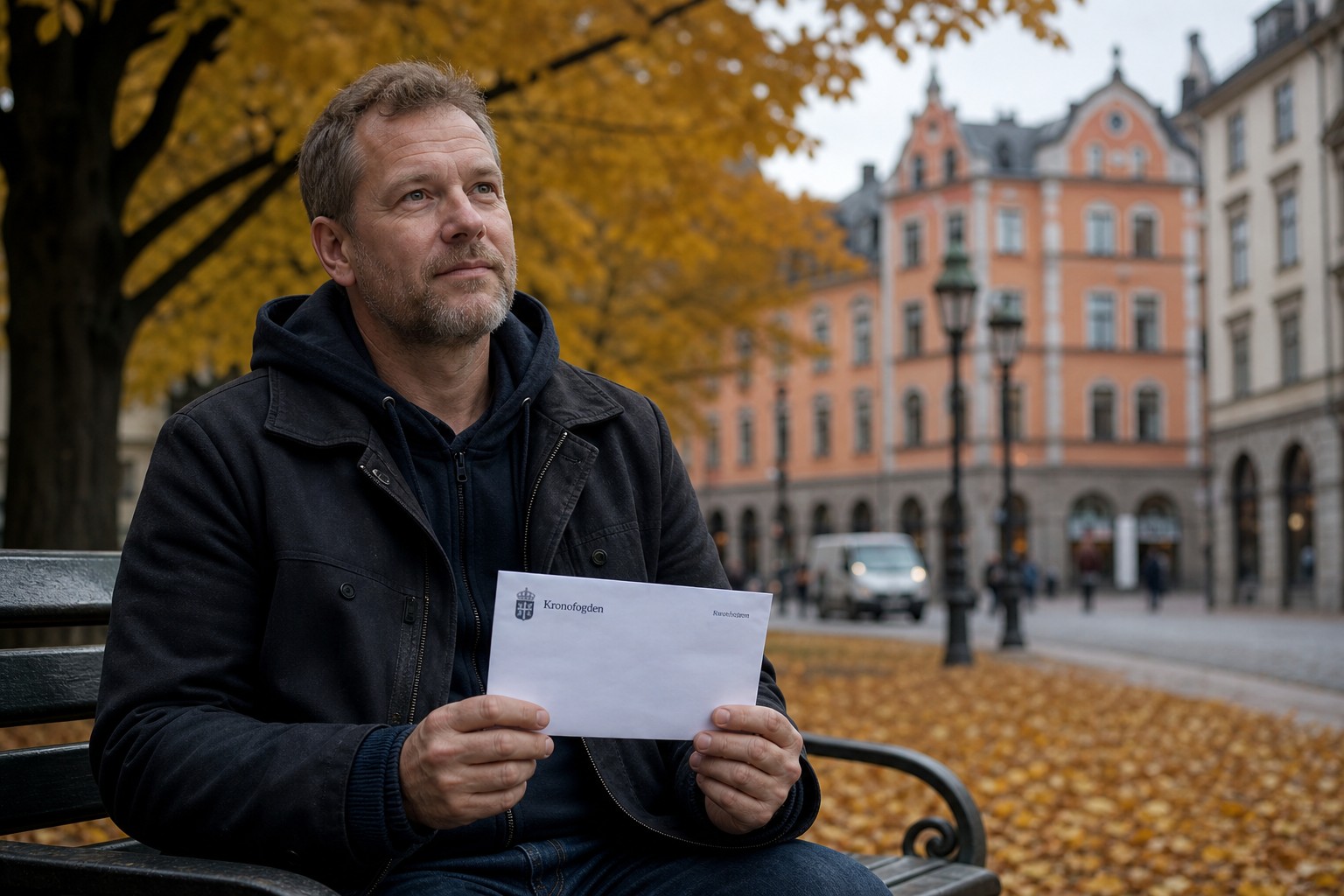 Man på parkbänk med officiellt brev