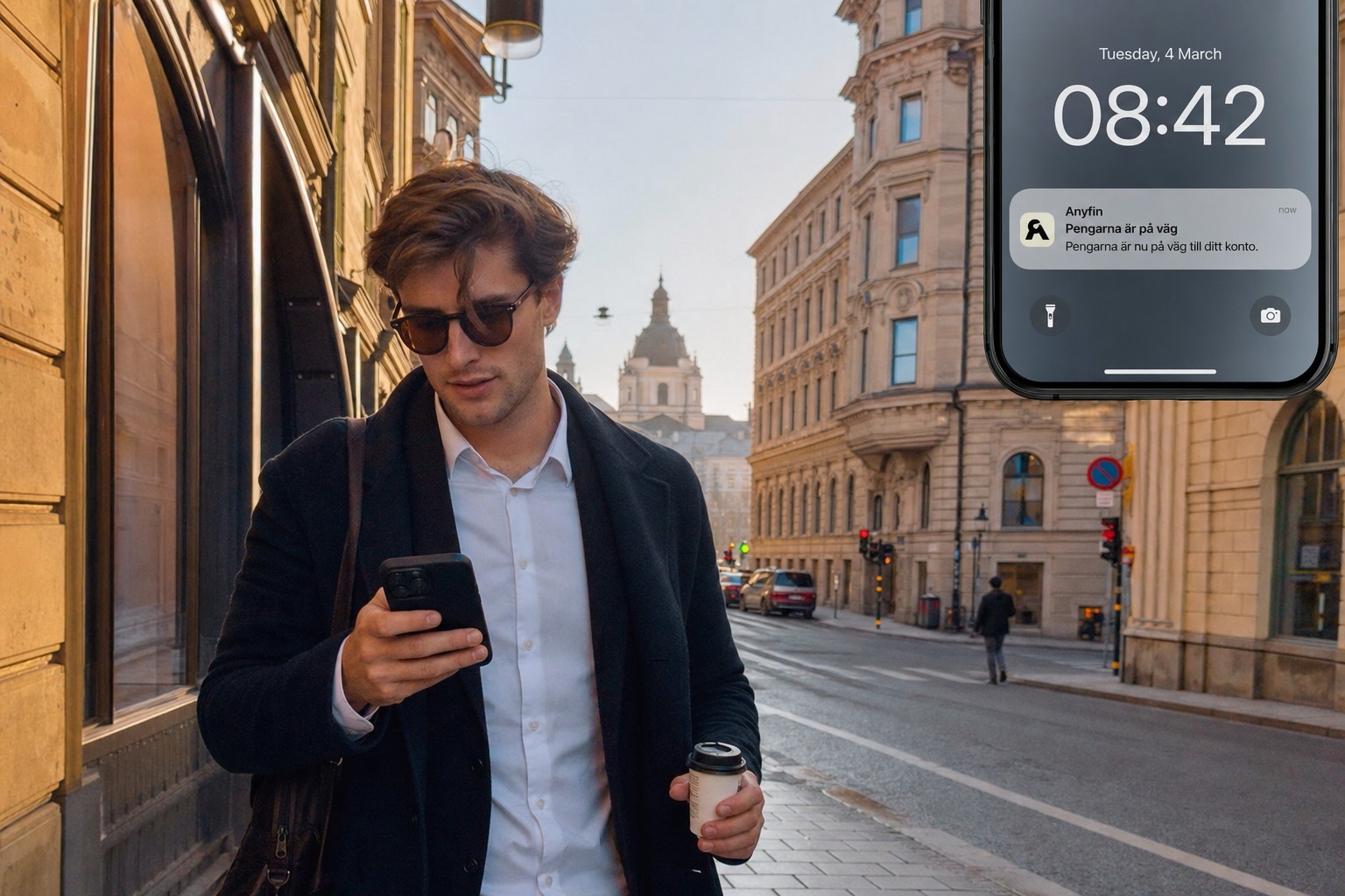 Person som får notis om utbetalning på mobilen